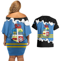 Aruba Dushi Tera Couples Matching Off Shoulder Short Dress and Hawaiian Shirt Coat Of Arms Torn Paper Stylized