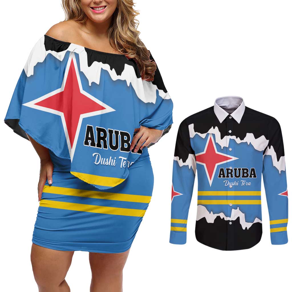 Aruba Dushi Tera Couples Matching Off Shoulder Short Dress and Long Sleeve Button Shirt Coat Of Arms Torn Paper Stylized