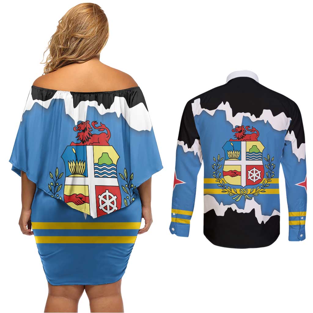 Aruba Dushi Tera Couples Matching Off Shoulder Short Dress and Long Sleeve Button Shirt Coat Of Arms Torn Paper Stylized