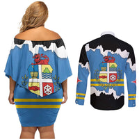 Aruba Dushi Tera Couples Matching Off Shoulder Short Dress and Long Sleeve Button Shirt Coat Of Arms Torn Paper Stylized