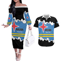 Aruba Dushi Tera Couples Matching Off The Shoulder Long Sleeve Dress and Hawaiian Shirt Coat Of Arms Torn Paper Stylized