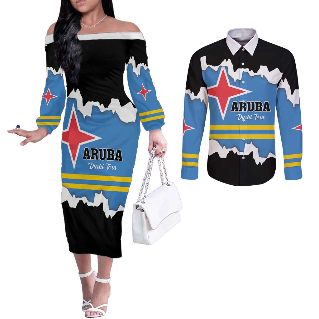 Aruba Dushi Tera Couples Matching Off The Shoulder Long Sleeve Dress and Long Sleeve Button Shirt Coat Of Arms Torn Paper Stylized