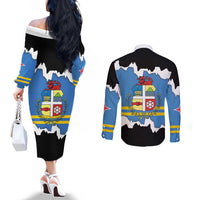 Aruba Dushi Tera Couples Matching Off The Shoulder Long Sleeve Dress and Long Sleeve Button Shirt Coat Of Arms Torn Paper Stylized