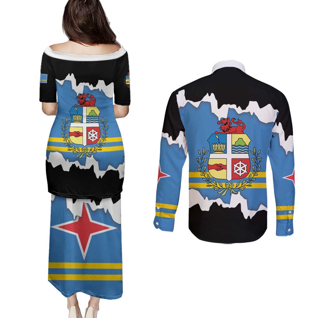 Aruba Dushi Tera Couples Matching Puletasi and Long Sleeve Button Shirt Coat Of Arms Torn Paper Stylized