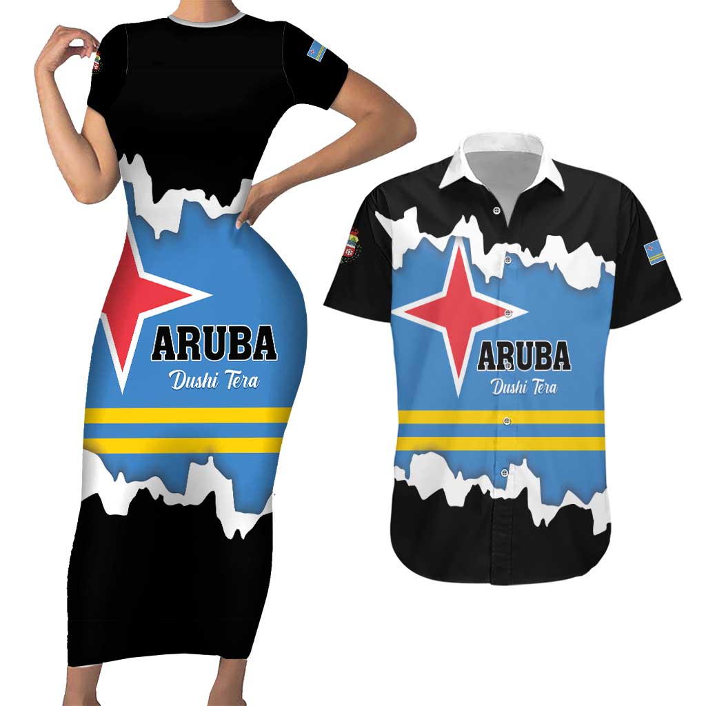 Aruba Dushi Tera Couples Matching Short Sleeve Bodycon Dress and Hawaiian Shirt Coat Of Arms Torn Paper Stylized