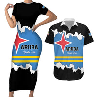 Aruba Dushi Tera Couples Matching Short Sleeve Bodycon Dress and Hawaiian Shirt Coat Of Arms Torn Paper Stylized