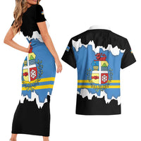 Aruba Dushi Tera Couples Matching Short Sleeve Bodycon Dress and Hawaiian Shirt Coat Of Arms Torn Paper Stylized