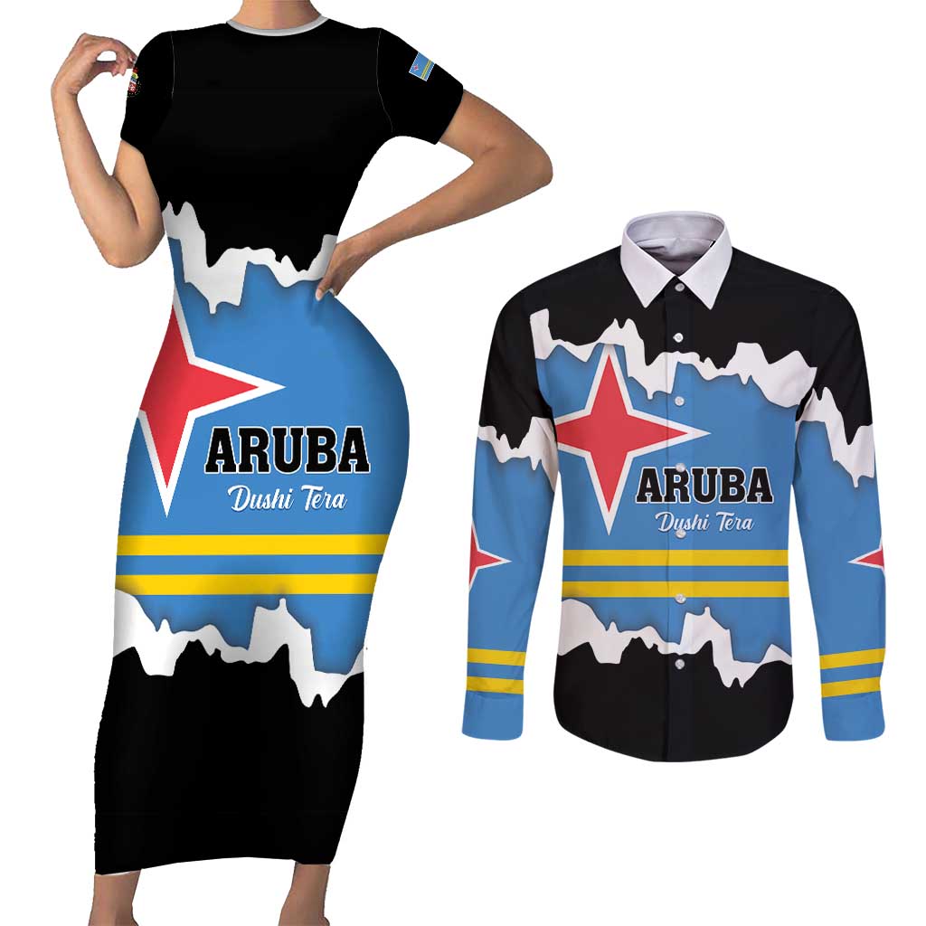 Aruba Dushi Tera Couples Matching Short Sleeve Bodycon Dress and Long Sleeve Button Shirt Coat Of Arms Torn Paper Stylized