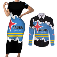 Aruba Dushi Tera Couples Matching Short Sleeve Bodycon Dress and Long Sleeve Button Shirt Coat Of Arms Torn Paper Stylized