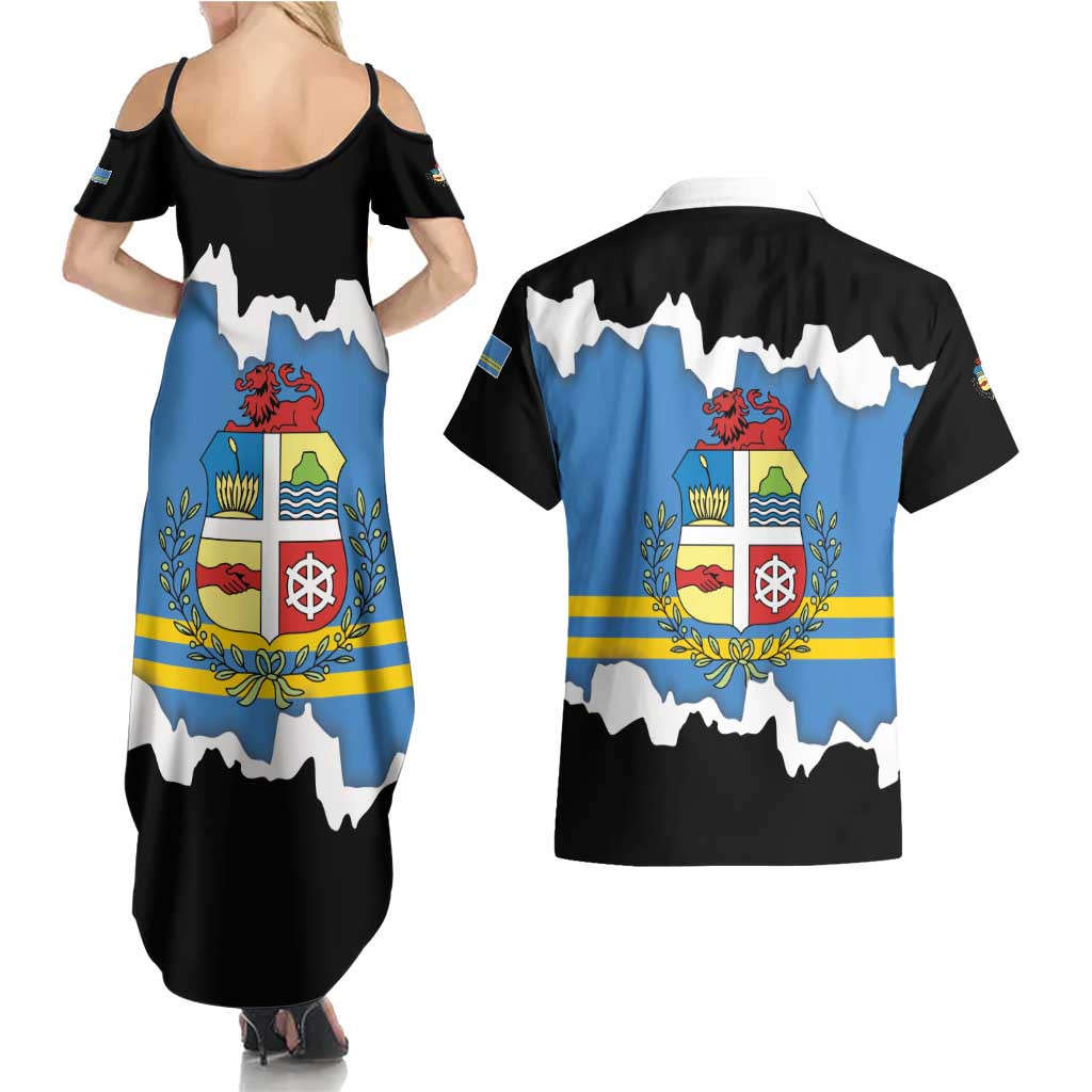 Aruba Dushi Tera Couples Matching Summer Maxi Dress and Hawaiian Shirt Coat Of Arms Torn Paper Stylized