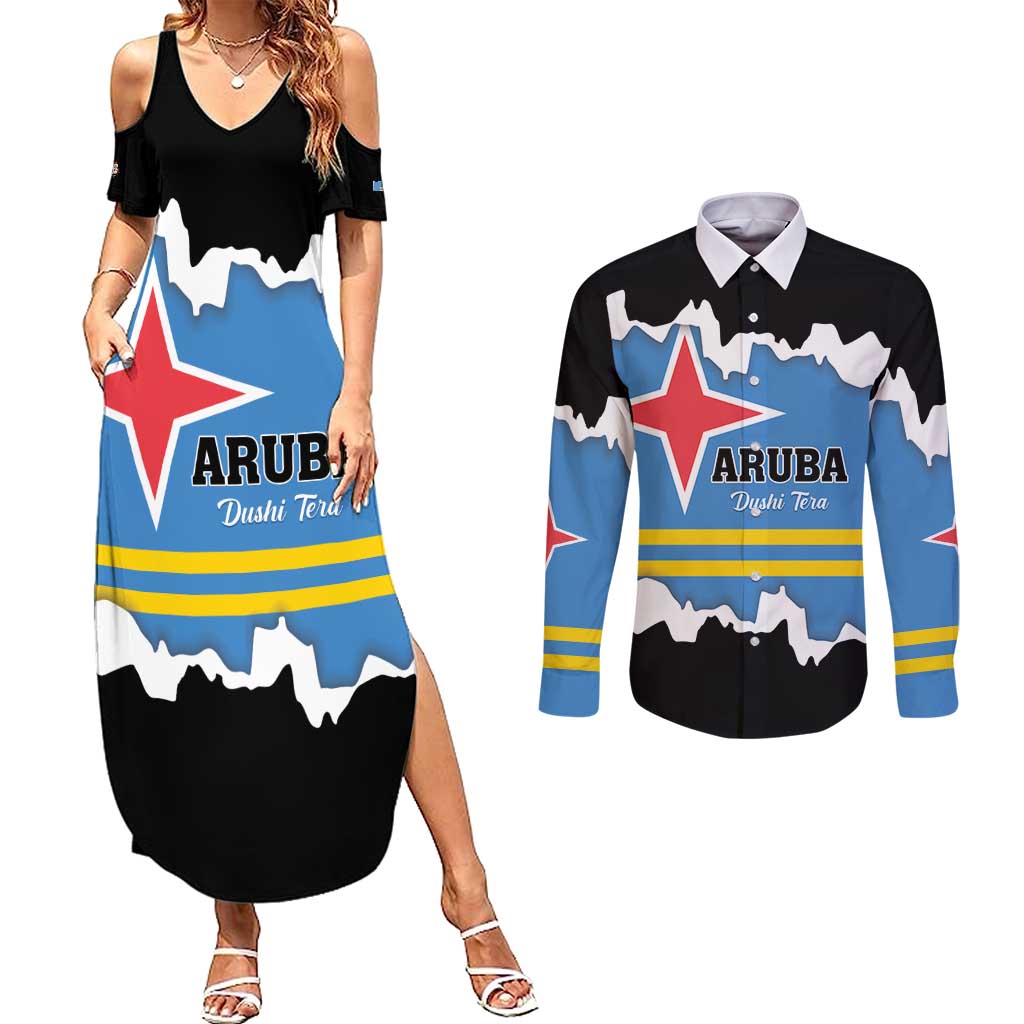 Aruba Dushi Tera Couples Matching Summer Maxi Dress and Long Sleeve Button Shirt Coat Of Arms Torn Paper Stylized