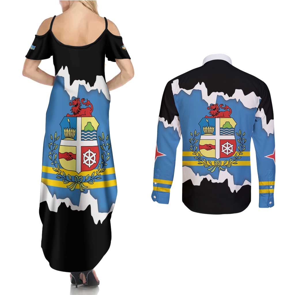 Aruba Dushi Tera Couples Matching Summer Maxi Dress and Long Sleeve Button Shirt Coat Of Arms Torn Paper Stylized