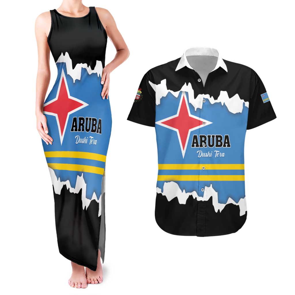 Aruba Dushi Tera Couples Matching Tank Maxi Dress and Hawaiian Shirt Coat Of Arms Torn Paper Stylized