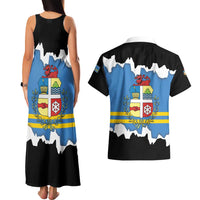 Aruba Dushi Tera Couples Matching Tank Maxi Dress and Hawaiian Shirt Coat Of Arms Torn Paper Stylized