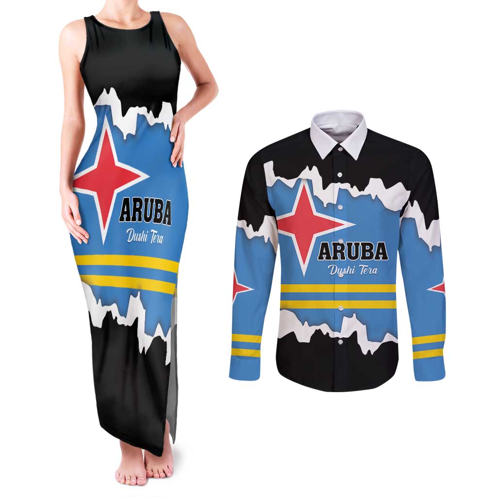 Aruba Dushi Tera Couples Matching Tank Maxi Dress and Long Sleeve Button Shirt Coat Of Arms Torn Paper Stylized