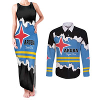 Aruba Dushi Tera Couples Matching Tank Maxi Dress and Long Sleeve Button Shirt Coat Of Arms Torn Paper Stylized