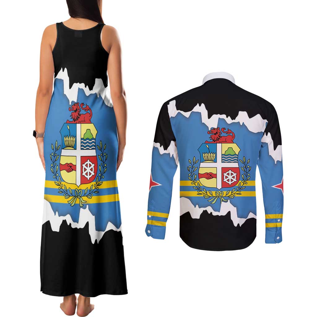 Aruba Dushi Tera Couples Matching Tank Maxi Dress and Long Sleeve Button Shirt Coat Of Arms Torn Paper Stylized