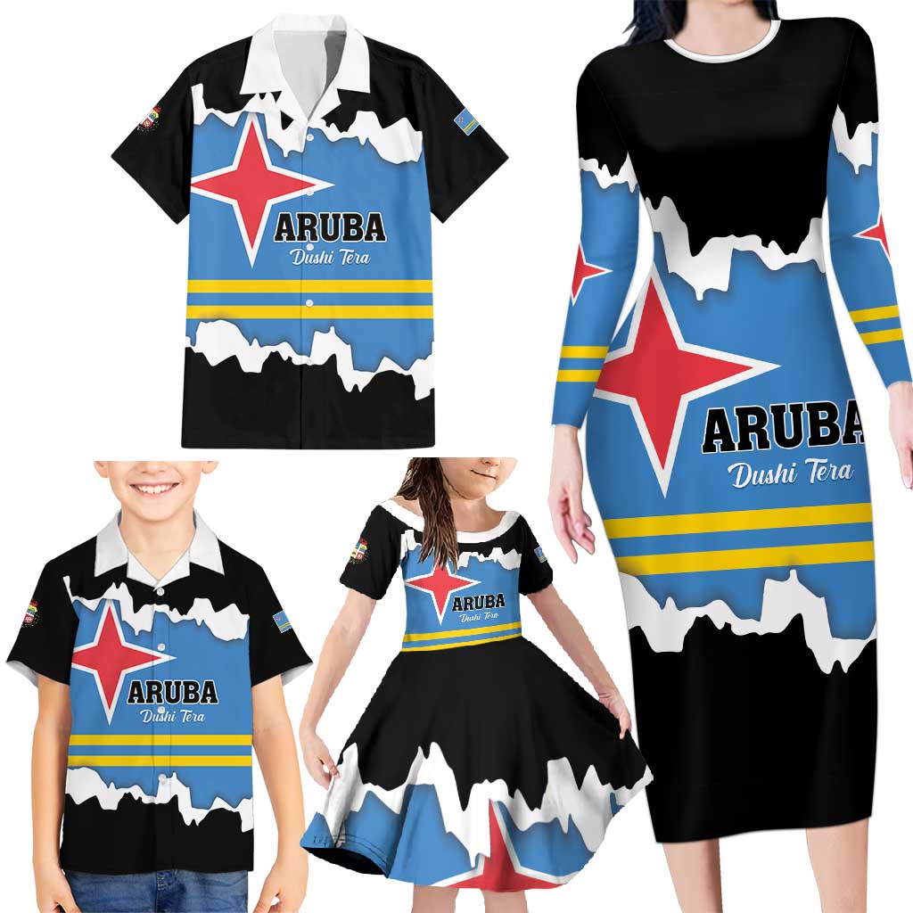 Aruba Dushi Tera Family Matching Long Sleeve Bodycon Dress and Hawaiian Shirt Coat Of Arms Torn Paper Stylized