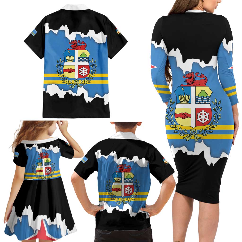 Aruba Dushi Tera Family Matching Long Sleeve Bodycon Dress and Hawaiian Shirt Coat Of Arms Torn Paper Stylized
