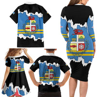 Aruba Dushi Tera Family Matching Long Sleeve Bodycon Dress and Hawaiian Shirt Coat Of Arms Torn Paper Stylized