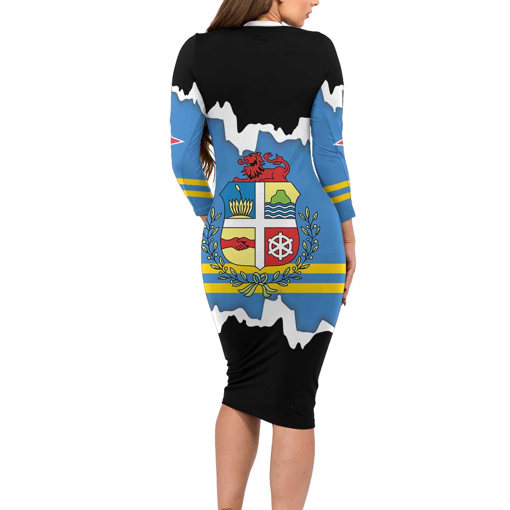 Aruba Dushi Tera Family Matching Long Sleeve Bodycon Dress and Hawaiian Shirt Coat Of Arms Torn Paper Stylized
