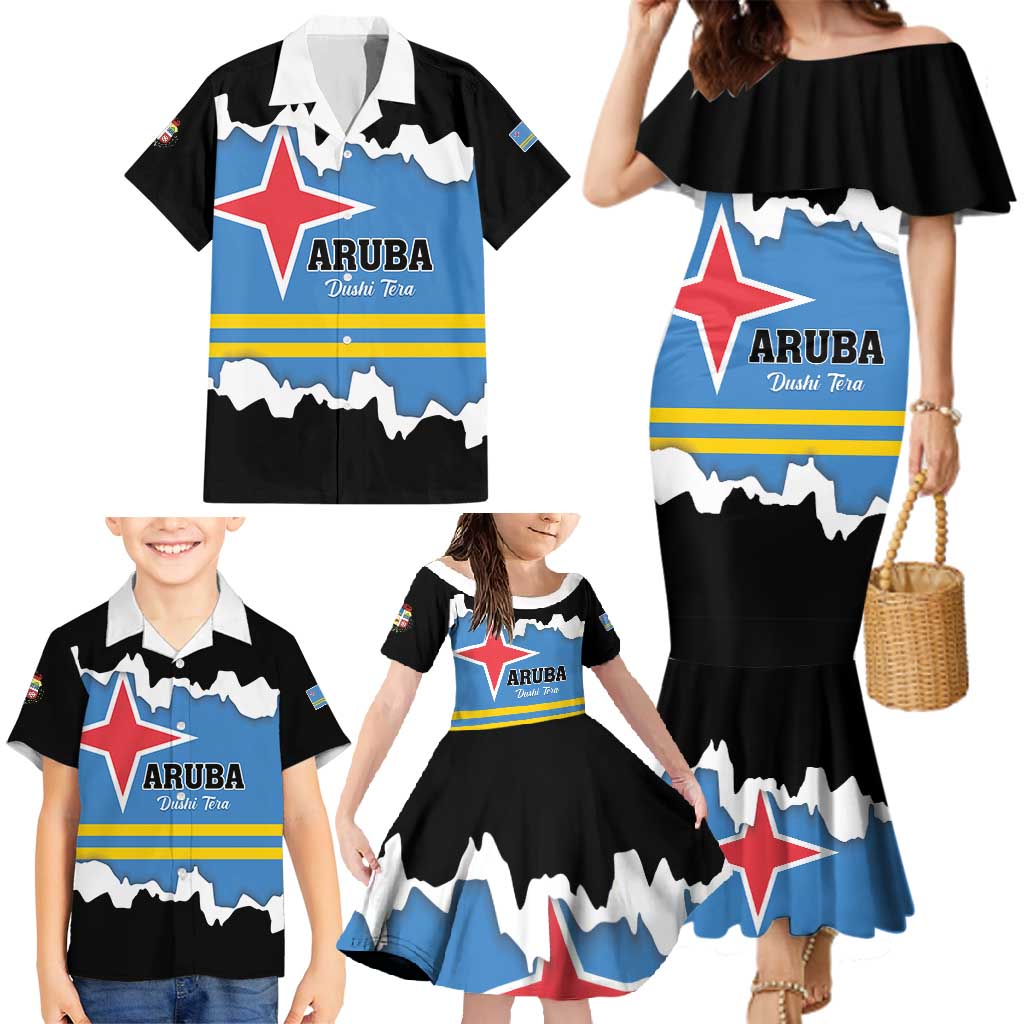 Aruba Dushi Tera Family Matching Mermaid Dress and Hawaiian Shirt Coat Of Arms Torn Paper Stylized