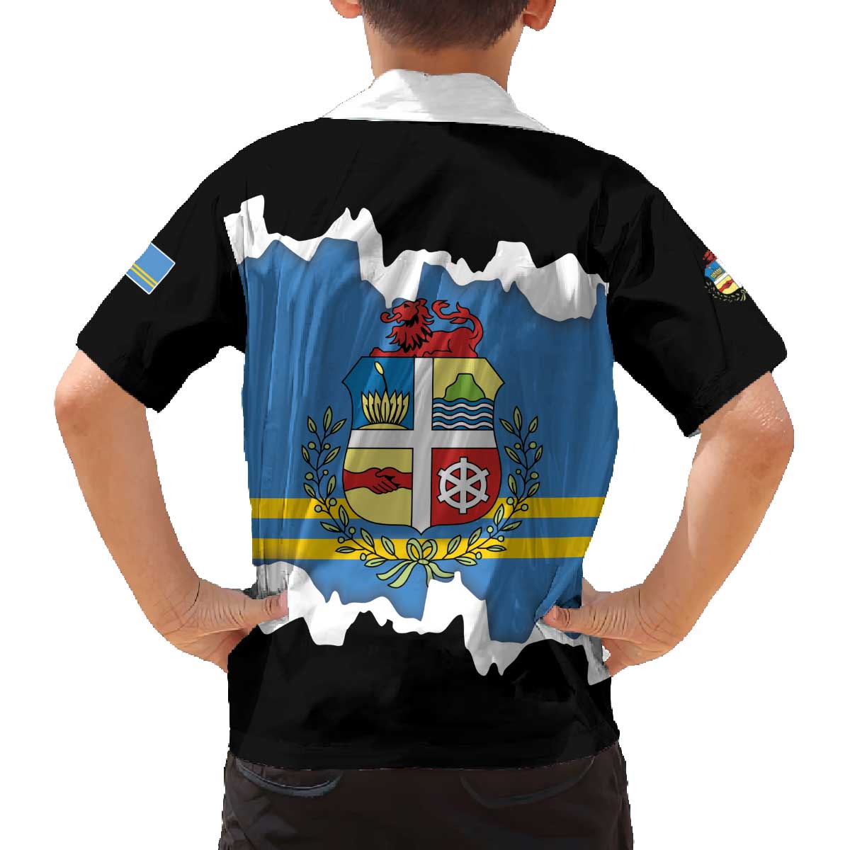 Aruba Dushi Tera Family Matching Off The Shoulder Long Sleeve Dress and Hawaiian Shirt Coat Of Arms Torn Paper Stylized