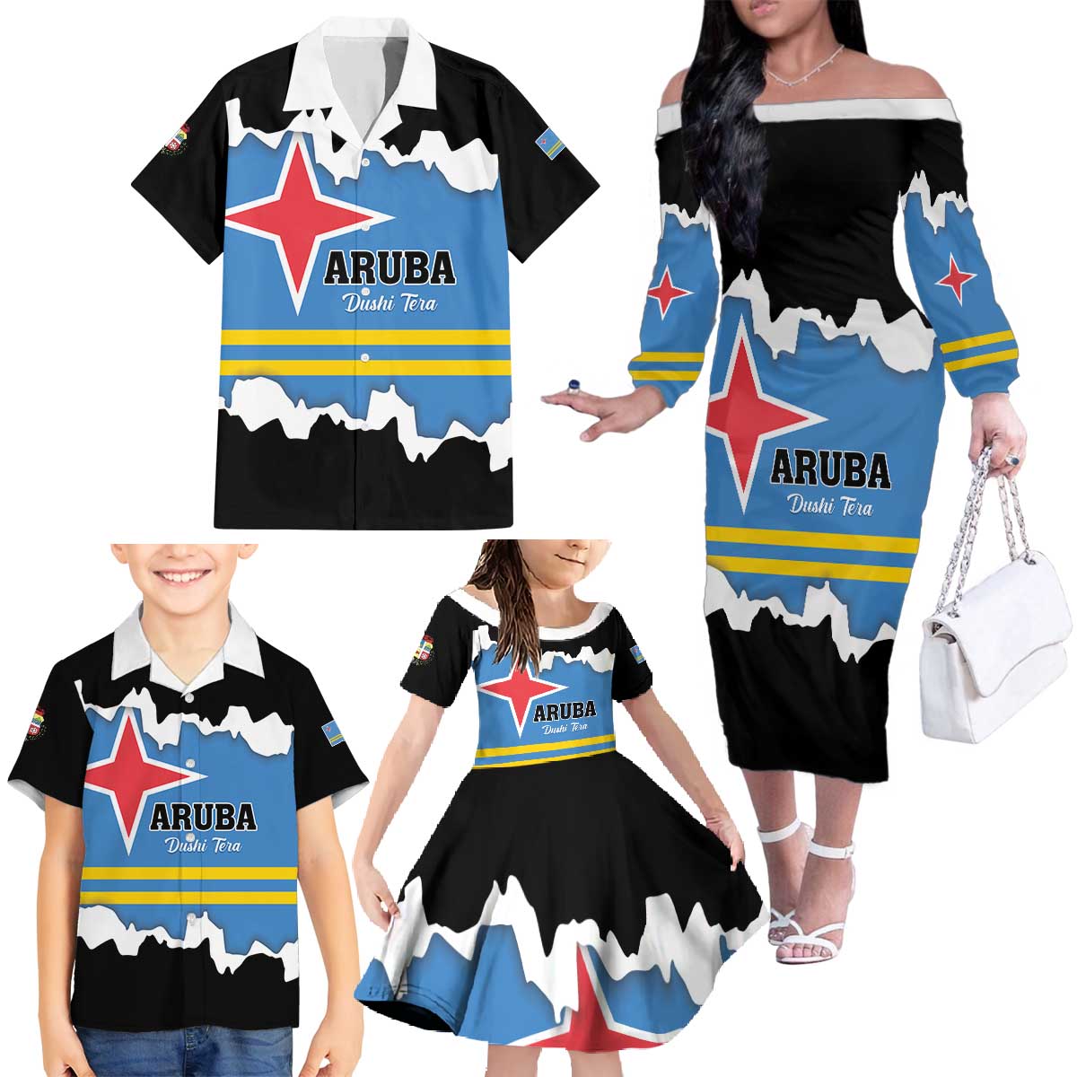Aruba Dushi Tera Family Matching Off The Shoulder Long Sleeve Dress and Hawaiian Shirt Coat Of Arms Torn Paper Stylized