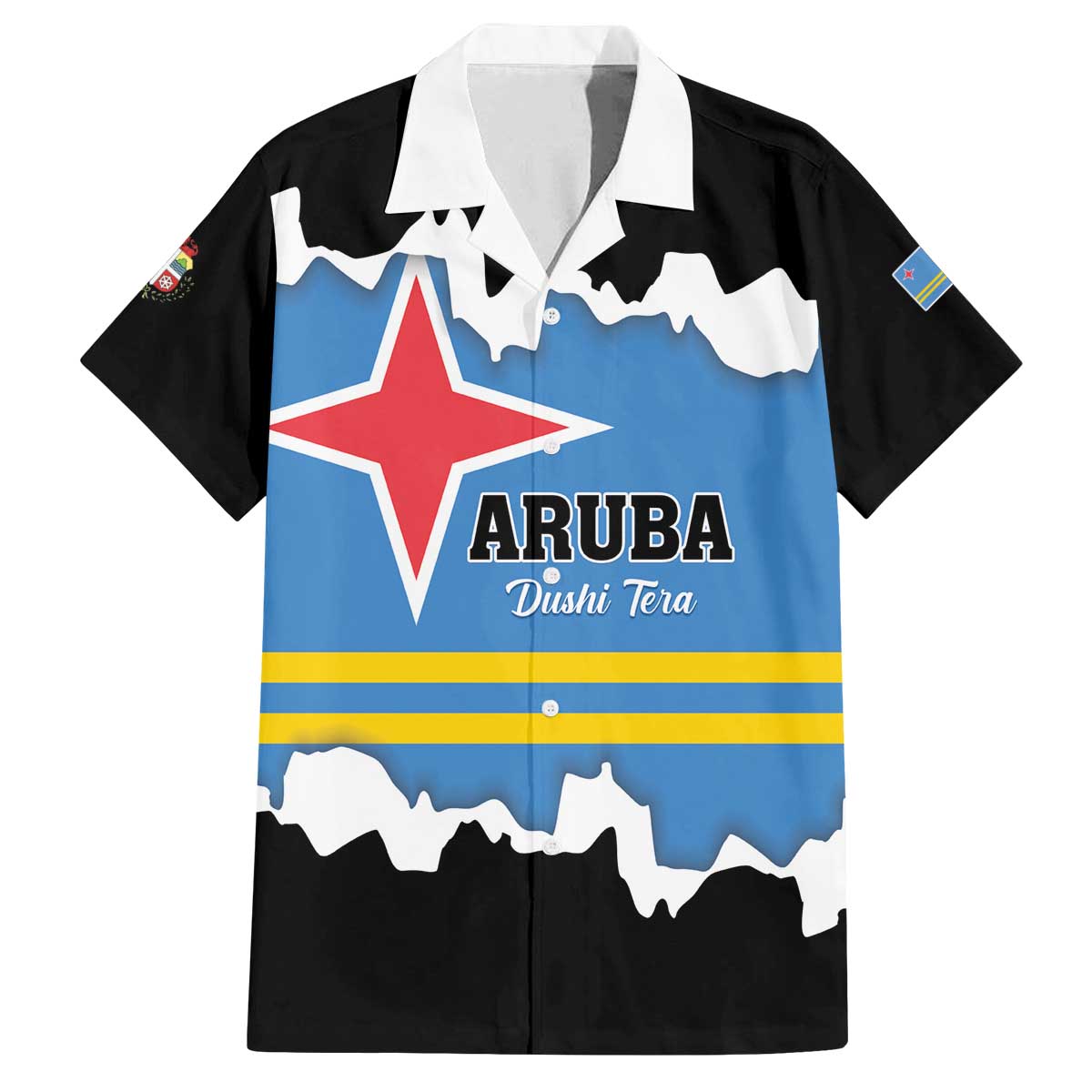 Aruba Dushi Tera Family Matching Off The Shoulder Long Sleeve Dress and Hawaiian Shirt Coat Of Arms Torn Paper Stylized