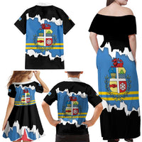 Aruba Dushi Tera Family Matching Off Shoulder Maxi Dress and Hawaiian Shirt Coat Of Arms Torn Paper Stylized