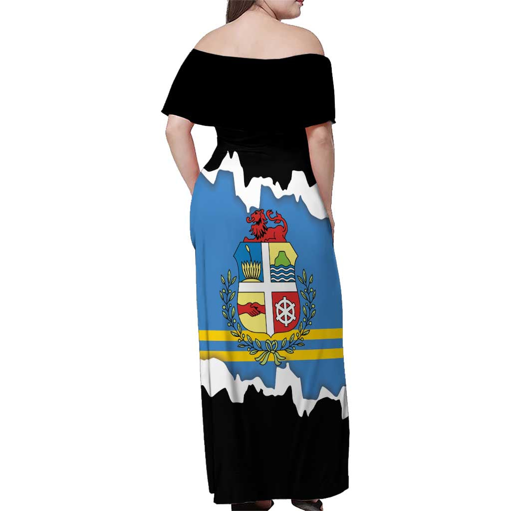 Aruba Dushi Tera Family Matching Off Shoulder Maxi Dress and Hawaiian Shirt Coat Of Arms Torn Paper Stylized