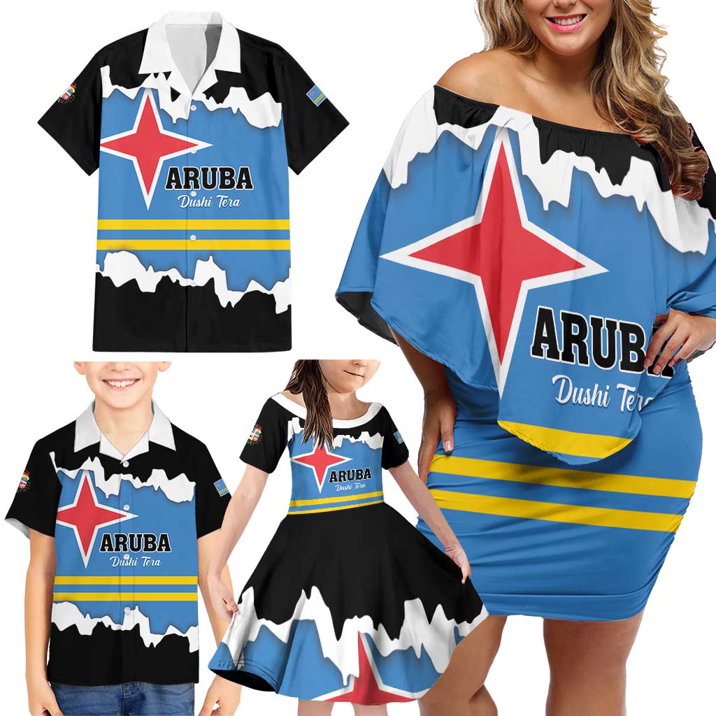 Aruba Dushi Tera Family Matching Off Shoulder Short Dress and Hawaiian Shirt Coat Of Arms Torn Paper Stylized