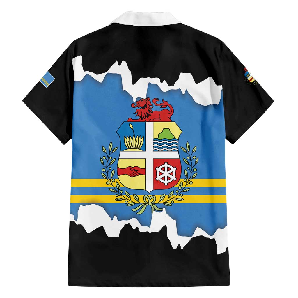 Aruba Dushi Tera Family Matching Off Shoulder Short Dress and Hawaiian Shirt Coat Of Arms Torn Paper Stylized