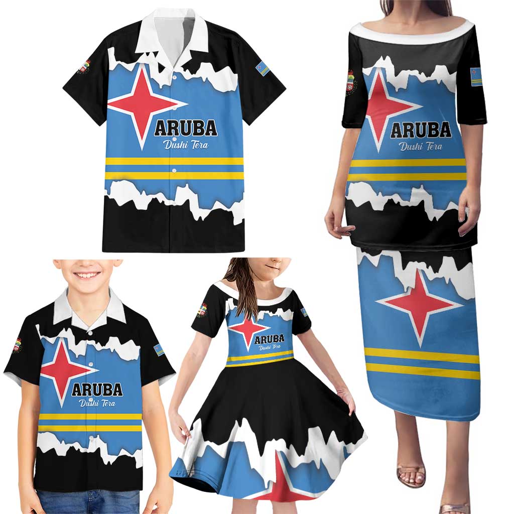 Aruba Dushi Tera Family Matching Puletasi and Hawaiian Shirt Coat Of Arms Torn Paper Stylized