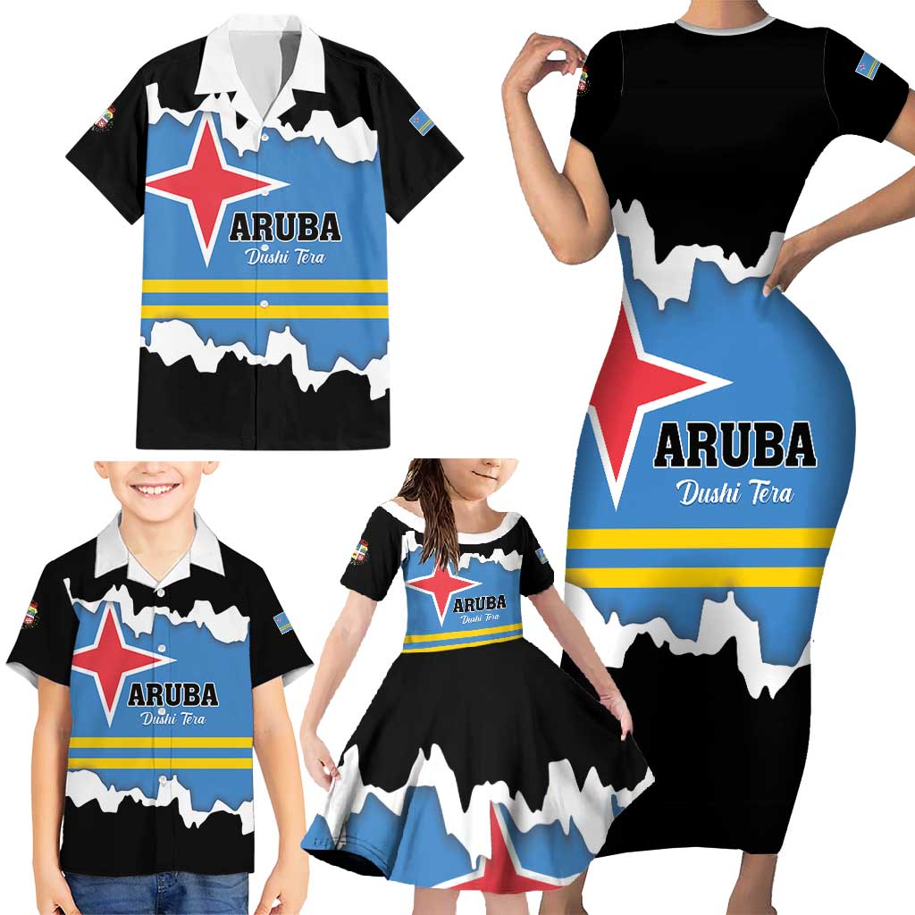 Aruba Dushi Tera Family Matching Short Sleeve Bodycon Dress and Hawaiian Shirt Coat Of Arms Torn Paper Stylized