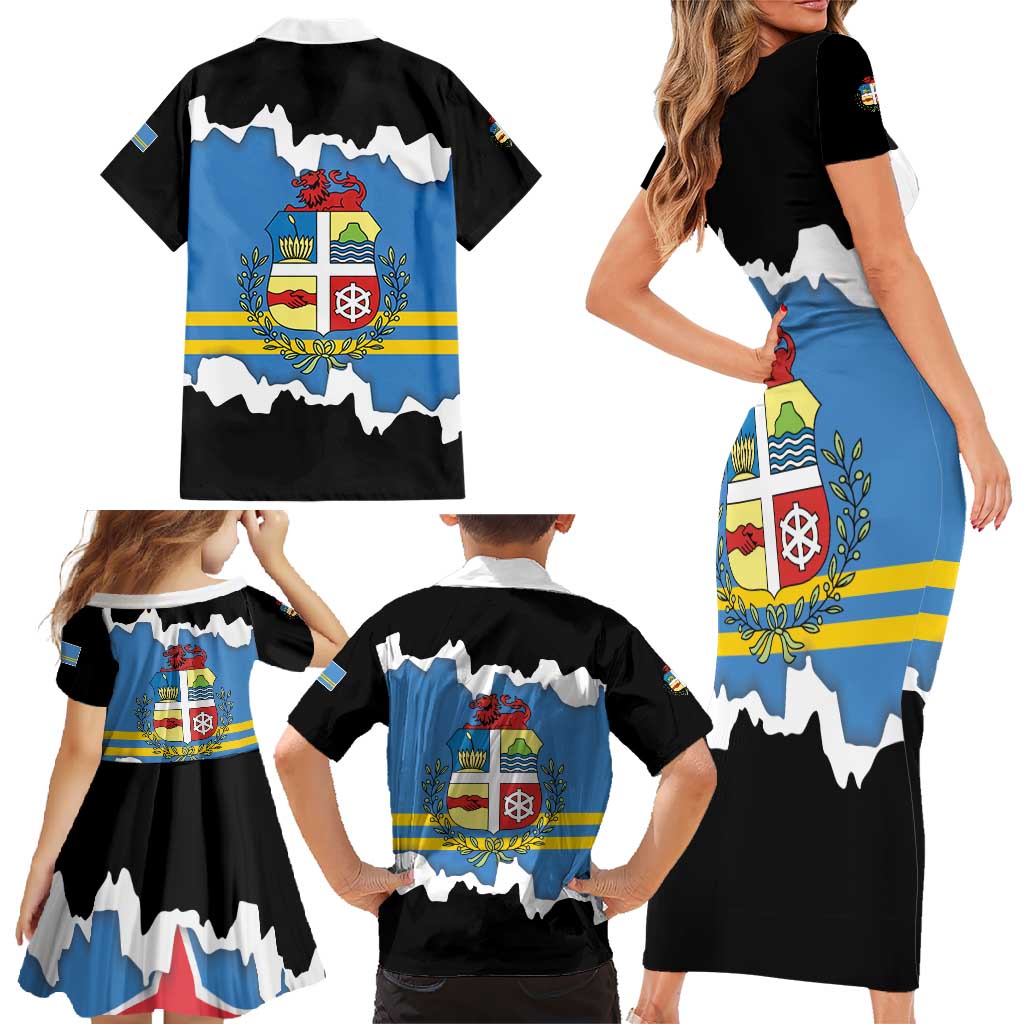 Aruba Dushi Tera Family Matching Short Sleeve Bodycon Dress and Hawaiian Shirt Coat Of Arms Torn Paper Stylized