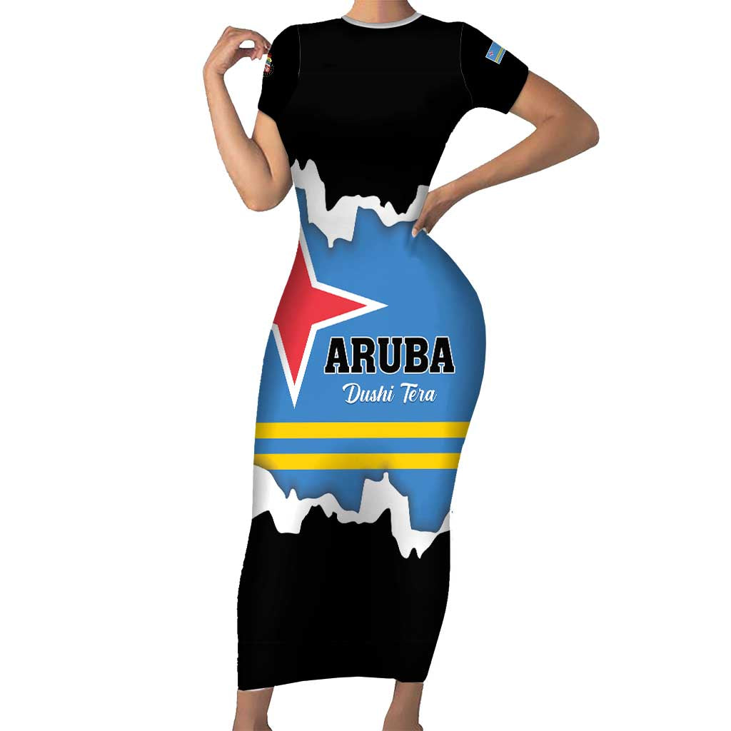 Aruba Dushi Tera Family Matching Short Sleeve Bodycon Dress and Hawaiian Shirt Coat Of Arms Torn Paper Stylized