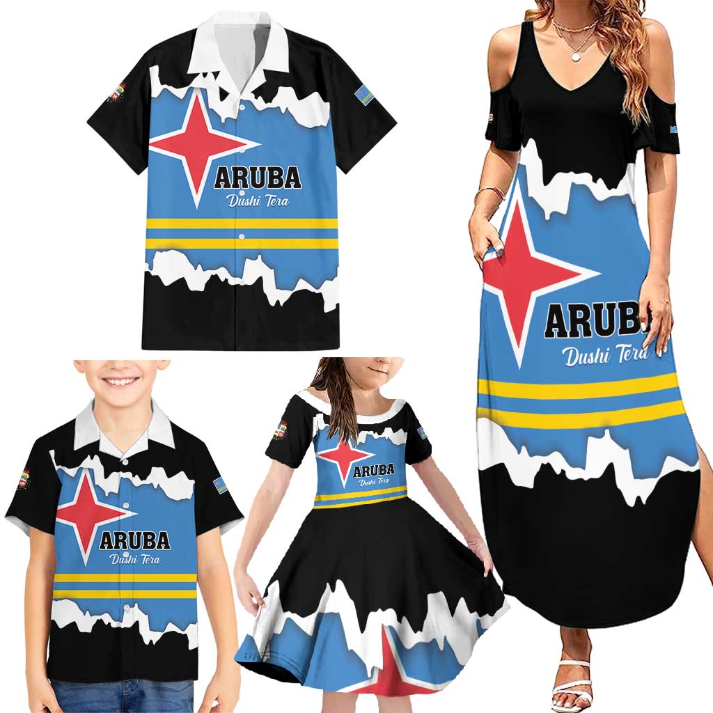 Aruba Dushi Tera Family Matching Summer Maxi Dress and Hawaiian Shirt Coat Of Arms Torn Paper Stylized