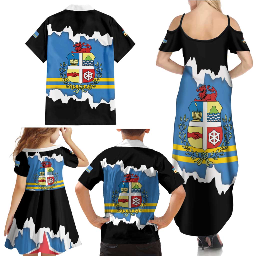Aruba Dushi Tera Family Matching Summer Maxi Dress and Hawaiian Shirt Coat Of Arms Torn Paper Stylized