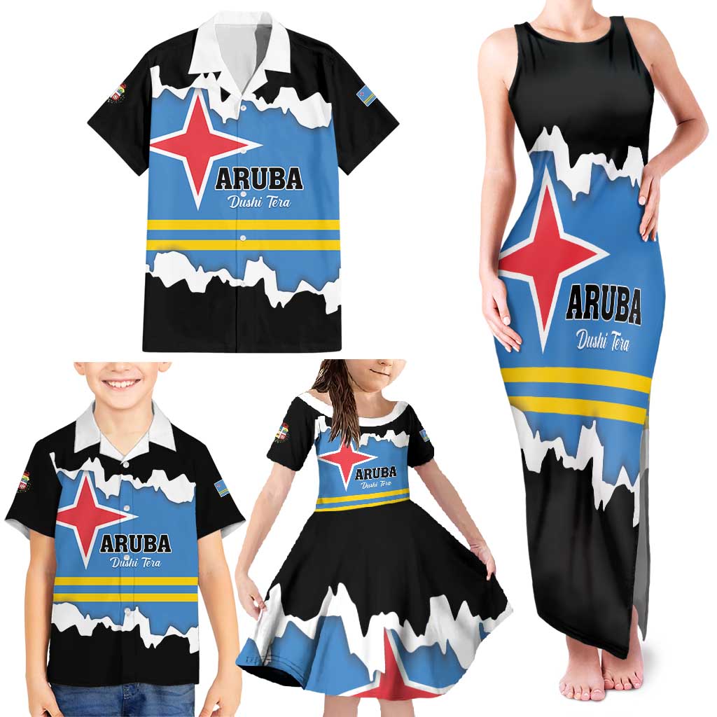 Aruba Dushi Tera Family Matching Tank Maxi Dress and Hawaiian Shirt Coat Of Arms Torn Paper Stylized