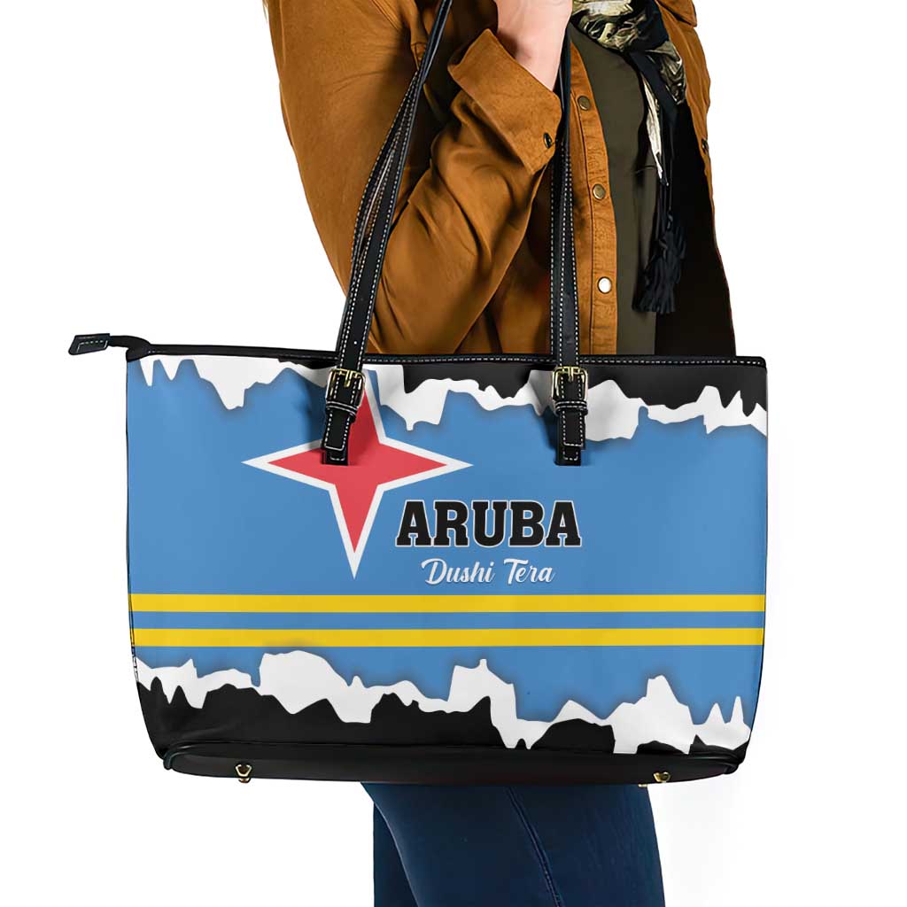 Aruba Dushi Tera Leather Tote Bag Coat Of Arms Torn Paper Stylized