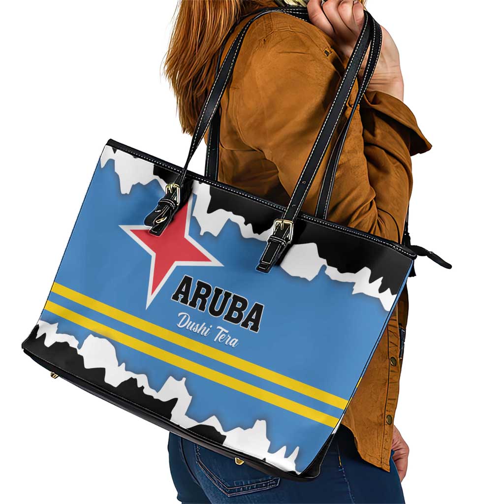 Aruba Dushi Tera Leather Tote Bag Coat Of Arms Torn Paper Stylized