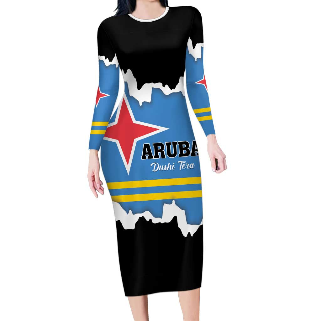 Aruba Dushi Tera Long Sleeve Bodycon Dress Coat Of Arms Torn Paper Stylized