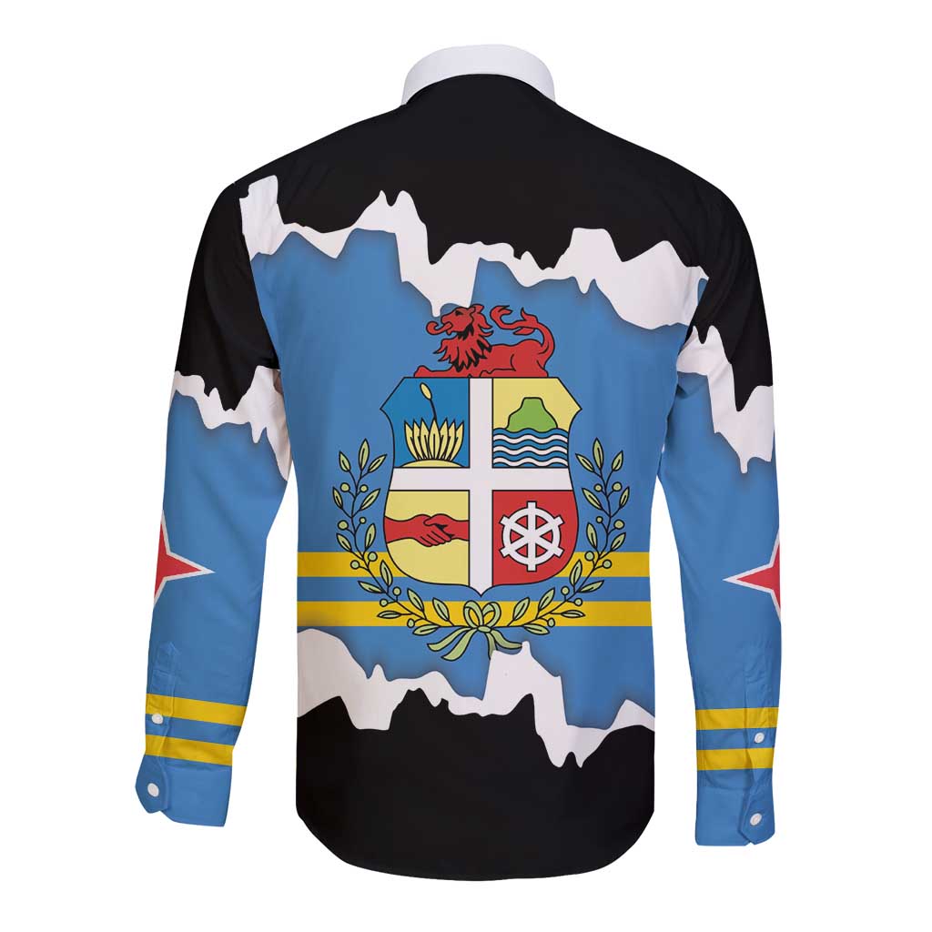 Aruba Dushi Tera Long Sleeve Button Shirt Coat Of Arms Torn Paper Stylized
