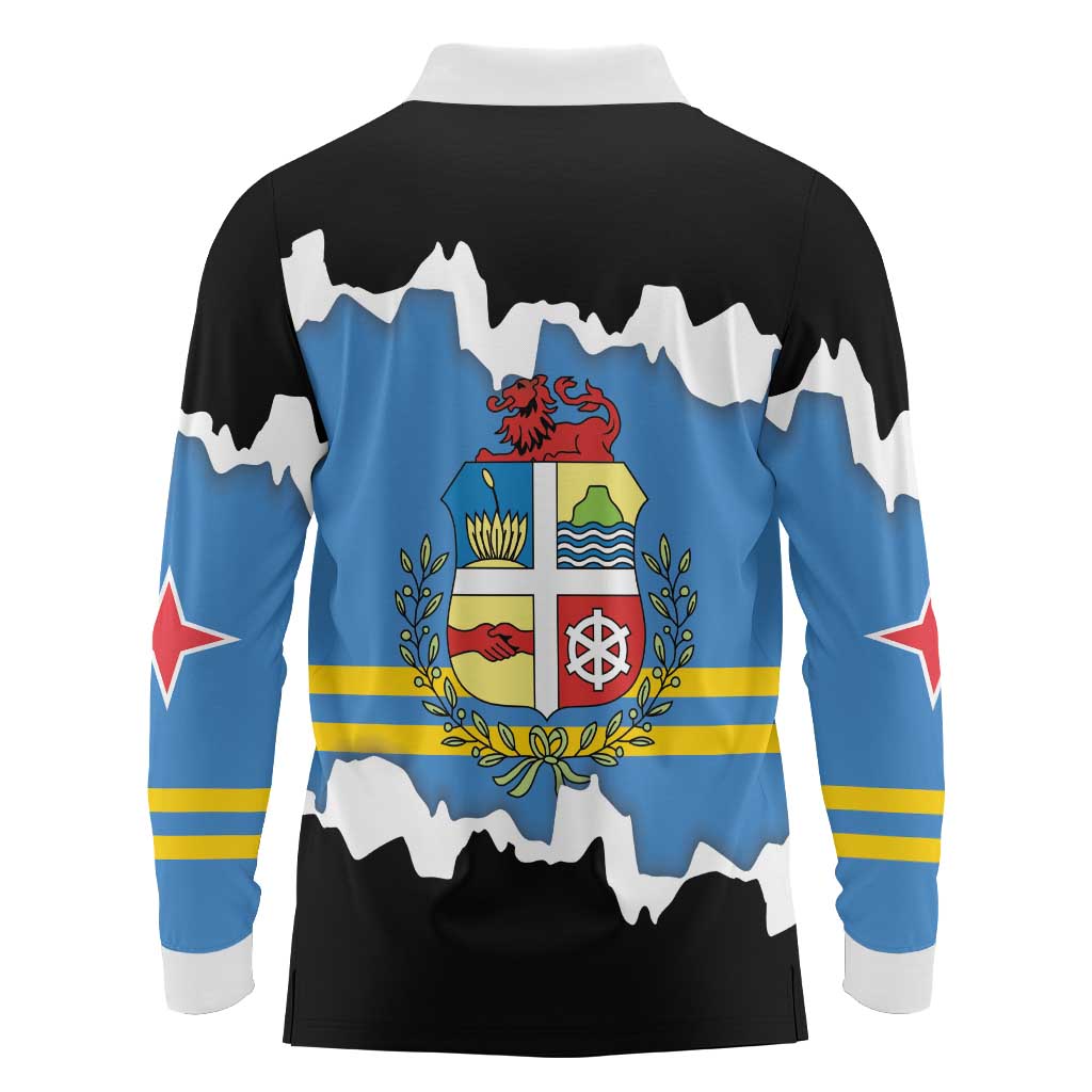 Aruba Dushi Tera Long Sleeve Polo Shirt Coat Of Arms Torn Paper Stylized