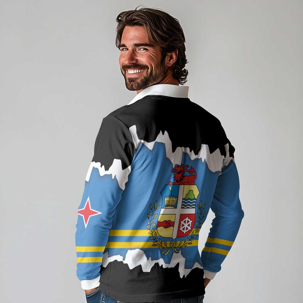 Aruba Dushi Tera Long Sleeve Polo Shirt Coat Of Arms Torn Paper Stylized