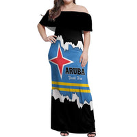 Aruba Dushi Tera Off Shoulder Maxi Dress Coat Of Arms Torn Paper Stylized