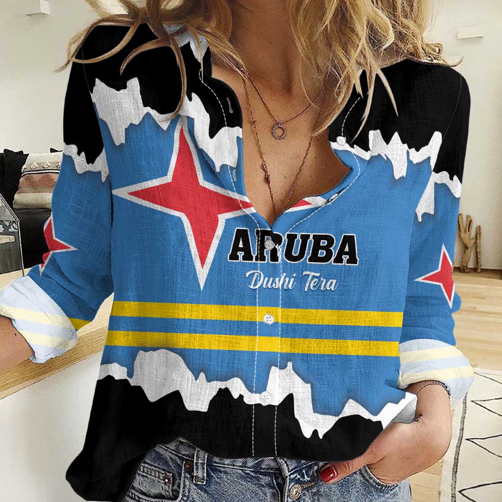 Aruba Dushi Tera Women Casual Shirt Coat Of Arms Torn Paper Stylized