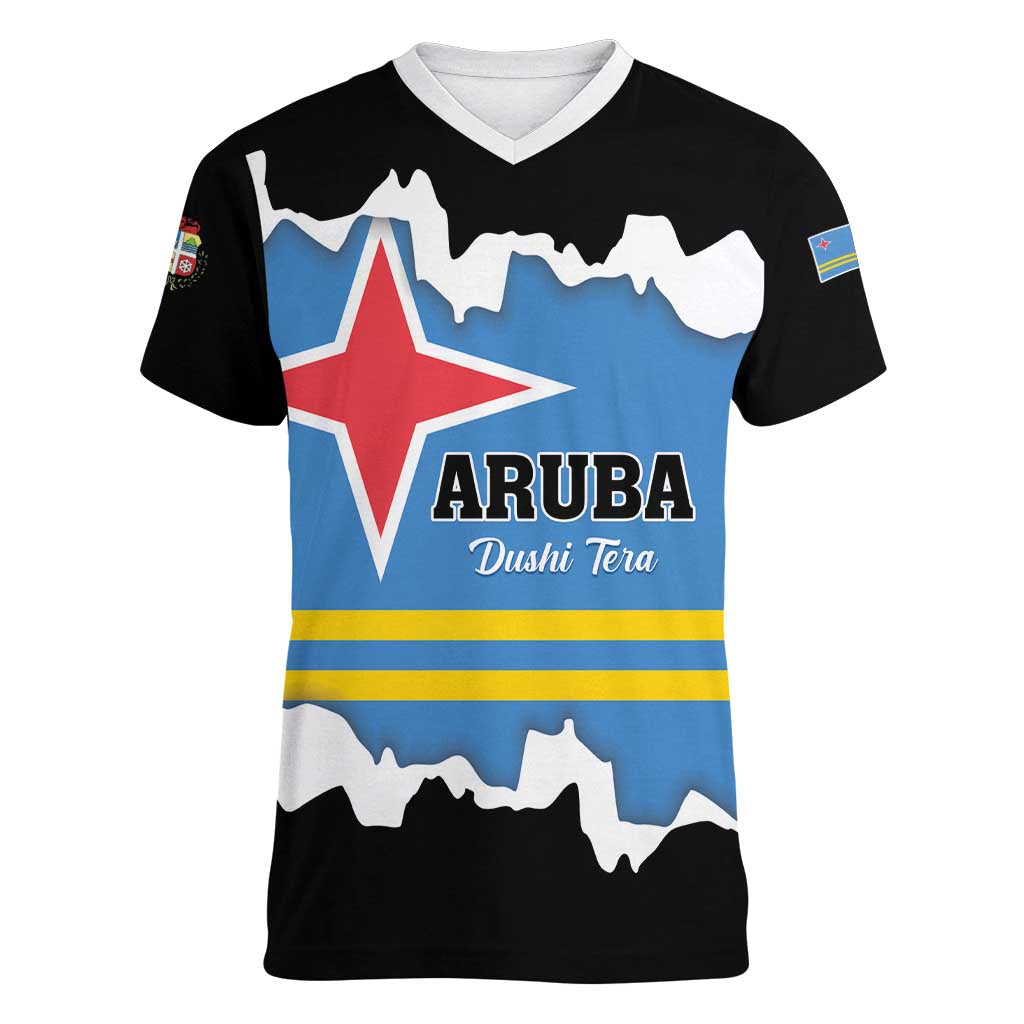 Aruba Dushi Tera Women V-Neck T-Shirt Coat Of Arms Torn Paper Stylized