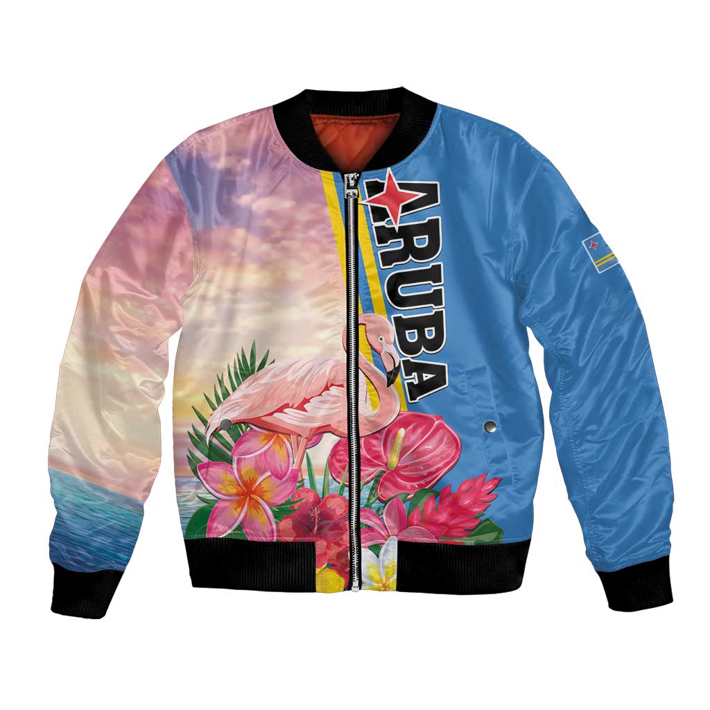 Personalised Aruba Flamingo Bomber Jacket Tropical Sunset Vibes